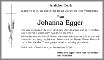 Traueranzeige von Johanna Egger von Allgäuer Zeitung, Kaufbeuren/Buchloe