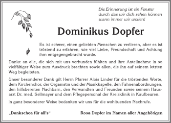 Traueranzeige von Dominikus Dopfer von Allgäuer Zeitung, Marktoberdorf