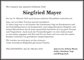 Traueranzeige von Siegfried Mayer von Allgäuer Anzeigeblatt