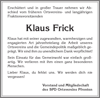 Traueranzeige von Klaus Frick von Allgäuer Zeitung, Füssen