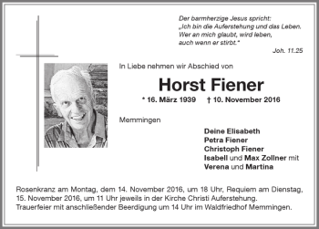 Traueranzeige von Horst Fiener von Memminger Zeitung
