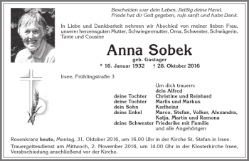 Traueranzeige von Anna Sobek von Allgäuer Zeitung, Kaufbeuren/Buchloe