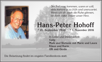 Traueranzeige von Hans-Peter Hohoff von Allgäuer Zeitung, Kaufbeuren/Buchloe