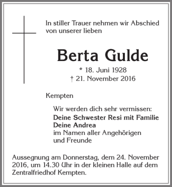 Traueranzeige von Berta Gulde von Allgäuer Zeitung,Kempten