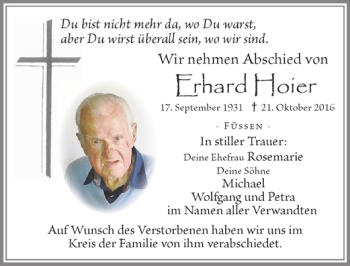 Traueranzeige von Erhard Hoier von Allgäuer Zeitung, Füssen