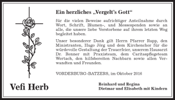 Traueranzeige von Vefi Herb von Allgäuer Anzeigeblatt