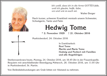 Traueranzeige von Hedwig Tome von Allgäuer Zeitung, Marktoberdorf