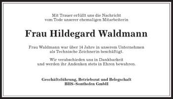 Traueranzeige von Hildegard Waldmann von Allgäuer Anzeigeblatt