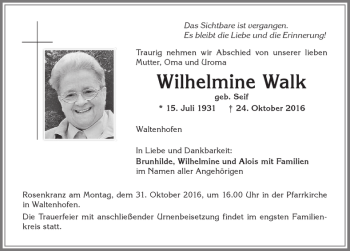 Traueranzeige von Wihlemine Walk von Allgäuer Zeitung,Kempten