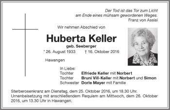 Traueranzeige von Huberta Keller von Memminger Zeitung