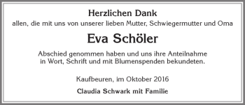 Traueranzeige von Eva Schöler von Allgäuer Zeitung, Kaufbeuren/Buchloe