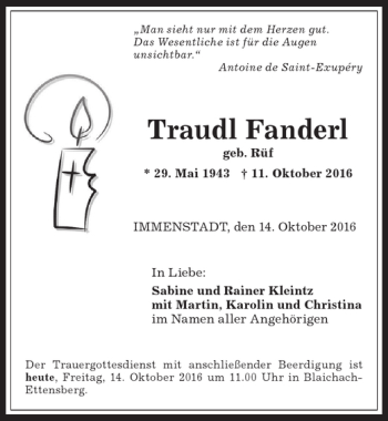 Traueranzeige von Traudl Fanderl von Allgäuer Anzeigeblatt