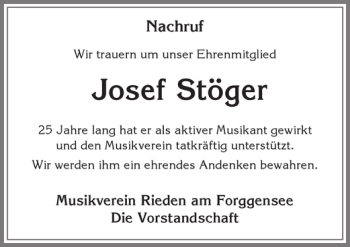 Traueranzeige von Josef Stöger von Allgäuer Zeitung, Füssen