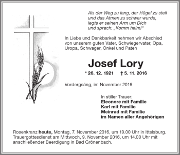 Traueranzeige von Josef Lory von Memminger Zeitung
