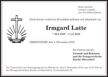 Traueranzeige von Irmgard Latte von Allgäuer Anzeigeblatt