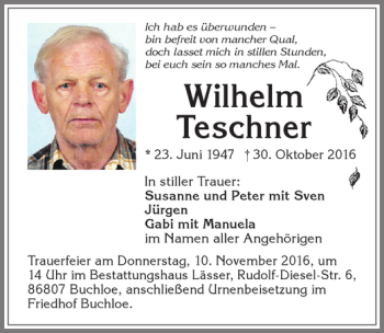 Traueranzeige von Wilhelm Teschner von Allgäuer Zeitung, Kaufbeuren/Buchloe