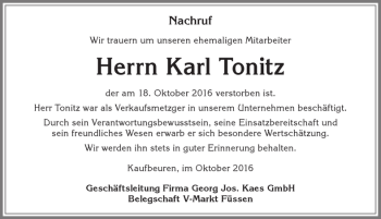 Traueranzeige von Karl Tonitz von Allgäuer Zeitung, Füssen