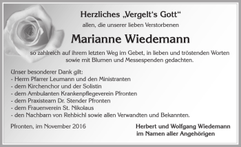 Traueranzeige von Marianne Wiedemann von Allgäuer Zeitung, Füssen