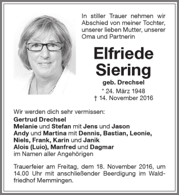Traueranzeige von Elfriede Siering von Memminger Zeitung