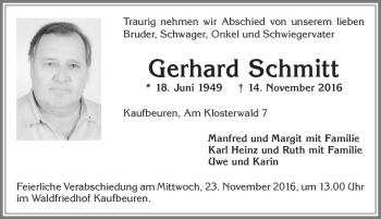 Traueranzeige von Gerhard Schmitt von Allgäuer Zeitung, Kaufbeuren/Buchloe