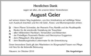 Traueranzeige von August Geier von Allgäuer Zeitung, Füssen