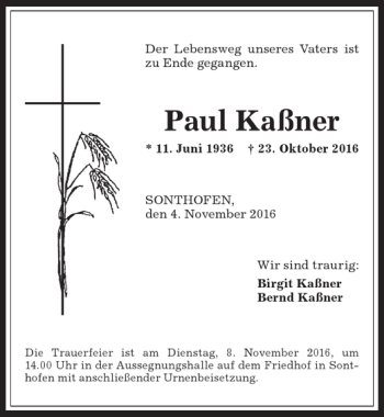 Traueranzeige von Paul Kaßner von Allgäuer Anzeigeblatt