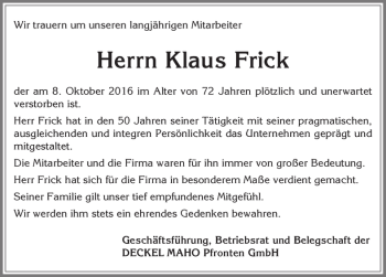 Traueranzeige von Klaus Frick von Allgäuer Zeitung, Füssen