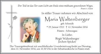 Traueranzeige von Maria Waltenberger von Allgäuer Zeitung, Füssen