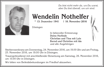 Traueranzeige von Wendelin Nothelfer von Allgäuer Zeitung, Kaufbeuren/Buchloe