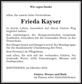 Traueranzeige von Frieda Kayser von Allgäuer Anzeigeblatt
