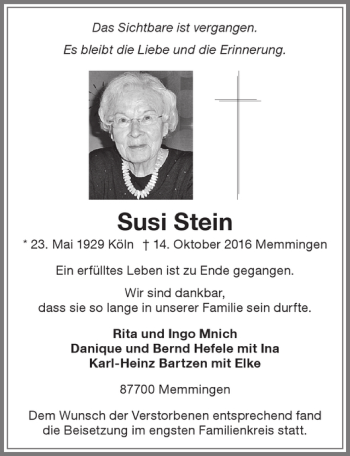 Traueranzeige von Susi Stein von Memminger Zeitung