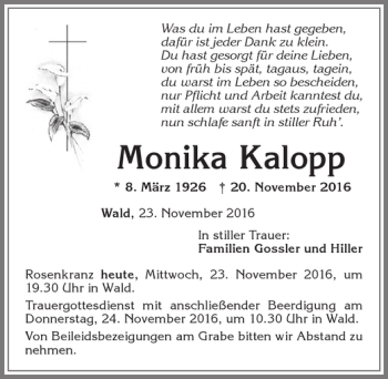Traueranzeige von Monika Kalopp von Allgäuer Zeitung, Marktoberdorf