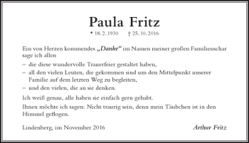 Traueranzeige von Paula Fritz von Der Westallgäuer