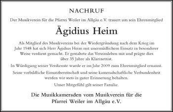 Traueranzeige von Ägidius Heim von Der Westallgäuer