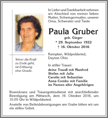 Traueranzeige von Paula Gruber von Allgäuer Zeitung,Kempten