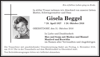 Traueranzeige von Gisela Beggel von Allgäuer Anzeigeblatt