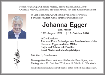 Traueranzeige von Johanna Egger von Allgäuer Zeitung, Kaufbeuren/Buchloe