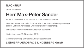 Traueranzeige von Max-Peter Sander von Der Westallgäuer