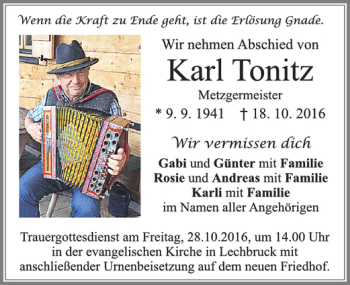 Traueranzeige von Karl Tonitz von Allgäuer Zeitung, Füssen