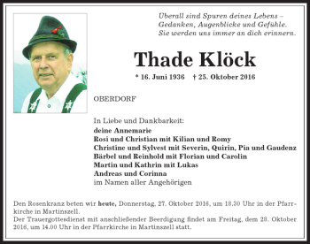Traueranzeige von Thade Klöck von Allgäuer Zeitung