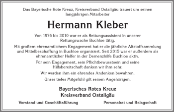 Traueranzeige von Hermann Kleber von Allgäuer Zeitung, Kaufbeuren/Buchloe