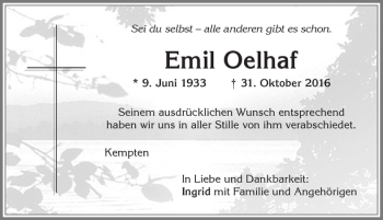 Traueranzeige von Emil Oelhaf von Allgäuer Zeitung,Kempten