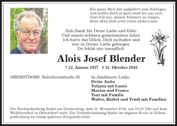 Traueranzeige von Alois Josef Blender von Allgäuer Anzeigeblatt
