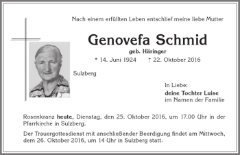 Traueranzeige von Genovefa Schmid von Allgäuer Zeitung,Kempten