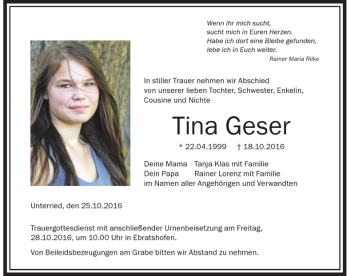 Traueranzeige von Tina Geser von Allgäuer Zeitung