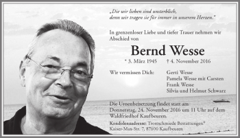 Traueranzeige von Bernd Wesse von Allgäuer Zeitung, Kaufbeuren/Buchloe