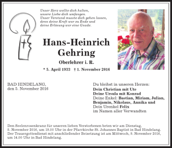 Traueranzeige von Hans-Heinrich Gehring von Allgäuer Anzeigeblatt