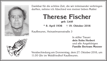 Traueranzeige von Therese Fischer von Allgäuer Zeitung, Kaufbeuren/Buchloe