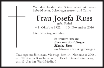 Traueranzeige von Josefa Russ von Allgäuer Zeitung, Kaufbeuren/Buchloe