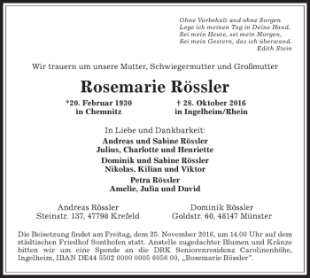 Traueranzeige von Rosemarie Rössler von Allgäuer Anzeigeblatt